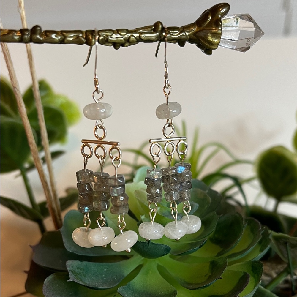 Flashy Labradorite and Moonstone Beaded Earrings